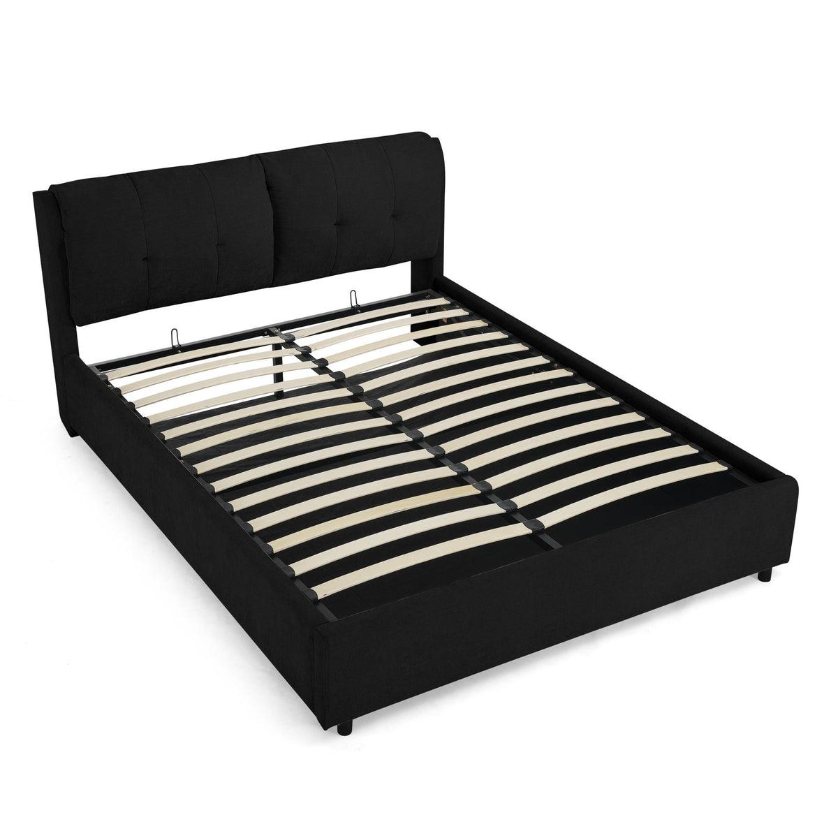 Storage upholstered hydraulic platform bed with integrated tufted headboard in black fabric on Tampa Home & Garden Store