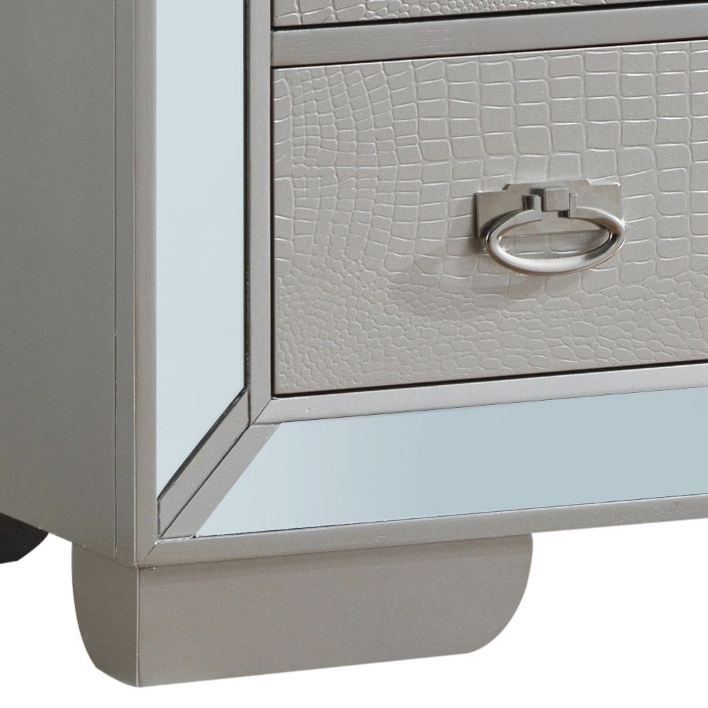 Sleek storage chest with mirrored frame and crocodile-textured front in pearl silver on Tampa Home & Garden Store
