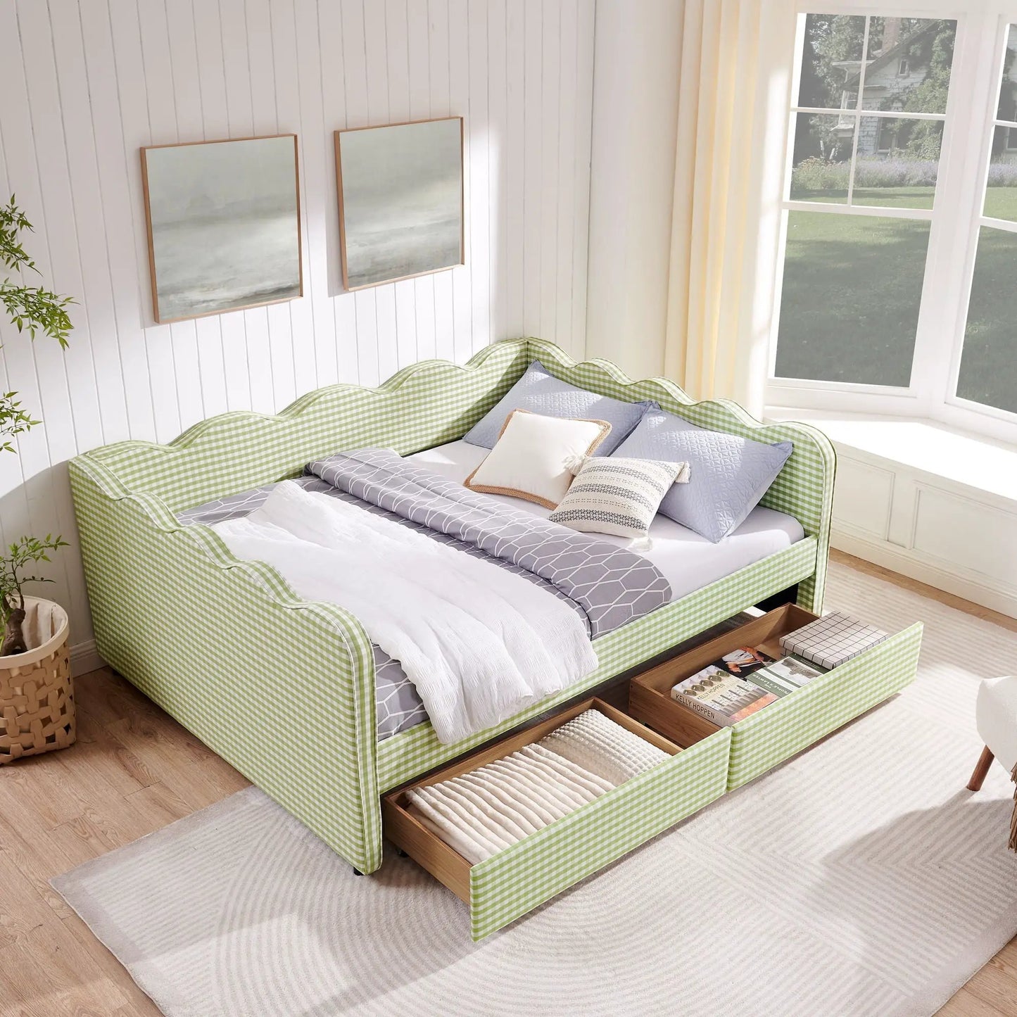 Gingham Daybed With USB Port and Wave Design