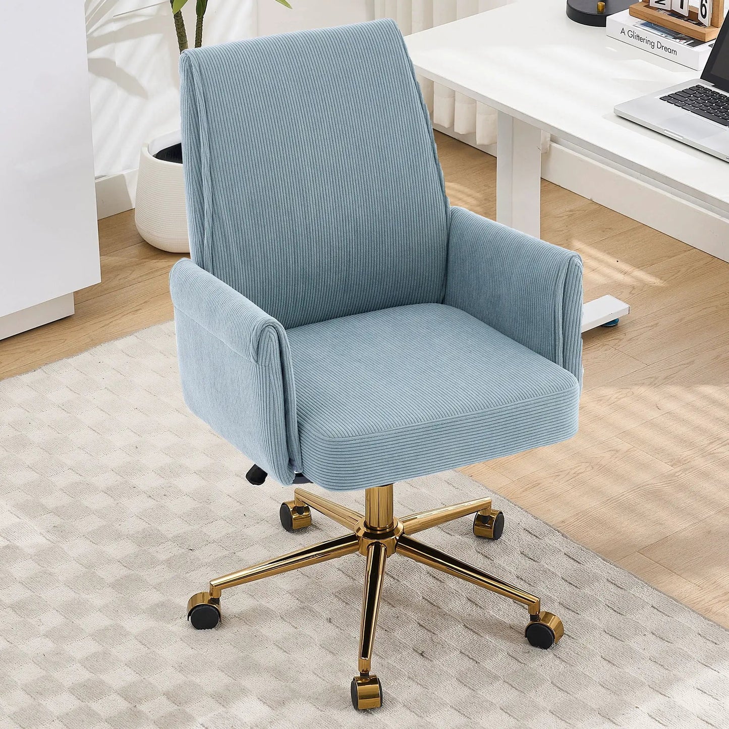 Ergonomic mid-back office chair blue corduroy upholstery on a gold metal swivel base on Tampa Home & Garden Store