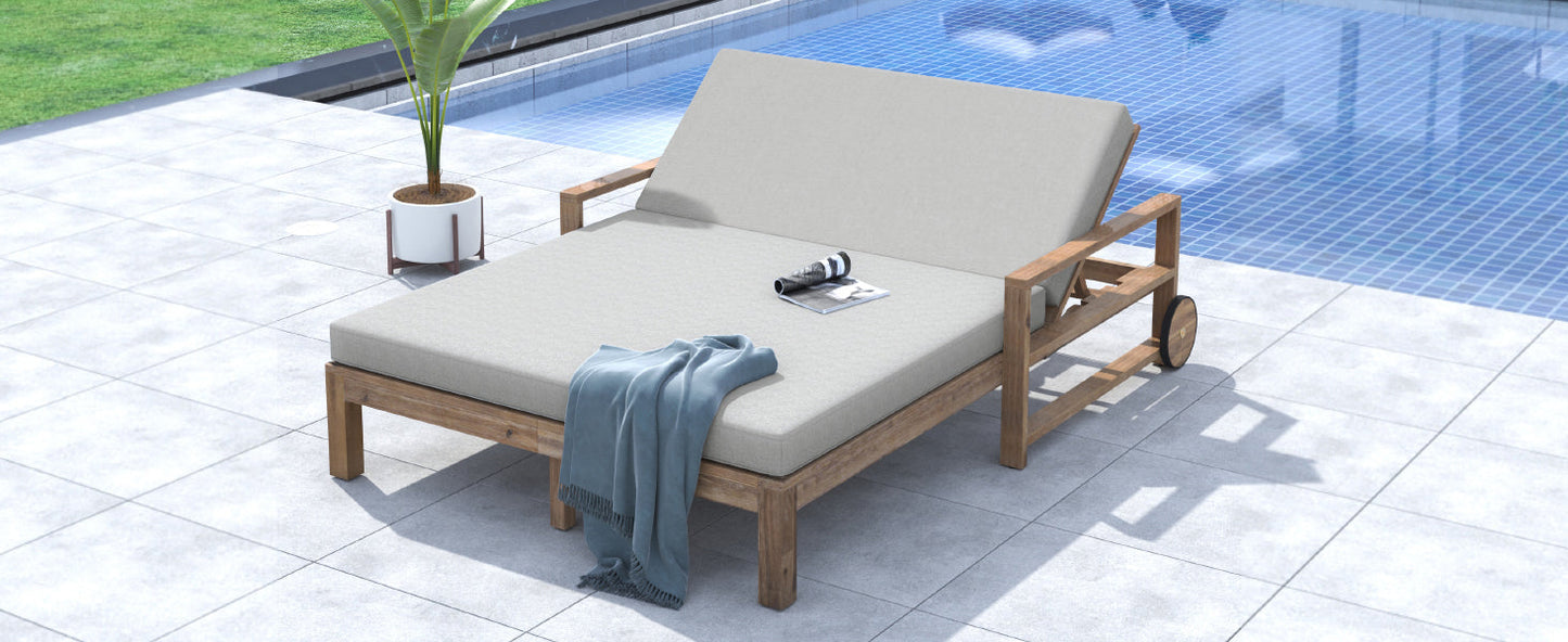 TREXM 1-Piece farmhouse wooden outdoor sunbed for 2 by HouseOfZazla, gray cushions, poolside on Tampa Home & Garden Store