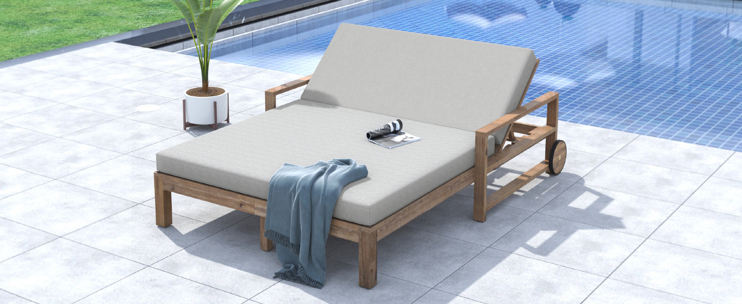 TREXM 1-Piece farmhouse wooden outdoor sunbed for 2 by HouseOfZazla, gray cushions, poolside on Tampa Home & Garden Store