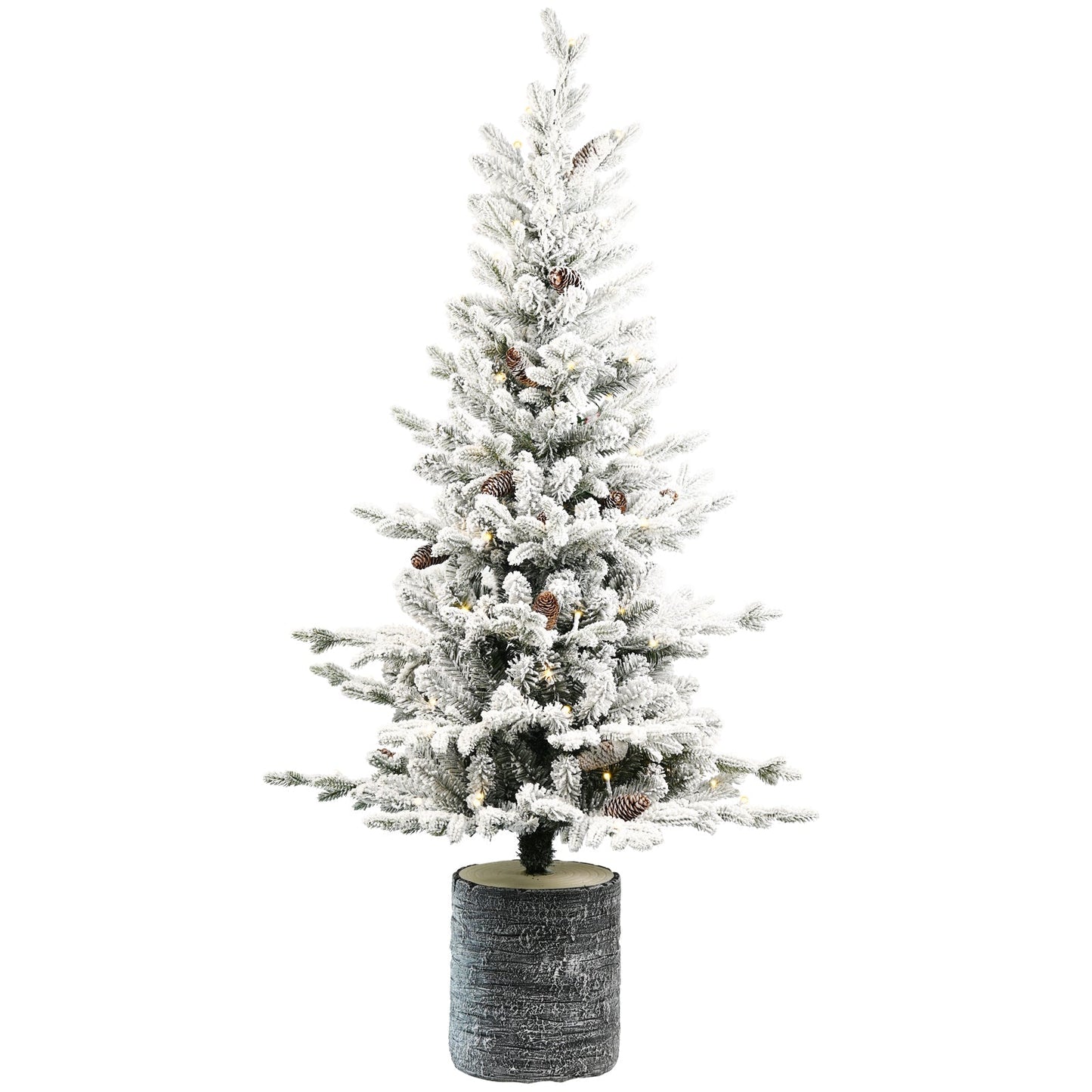 4.5ft flocked Christmas tree with pinecones, warm LEDs, in birch-bark pot base by HouseOfZazla on Tampa Home & Garden Store