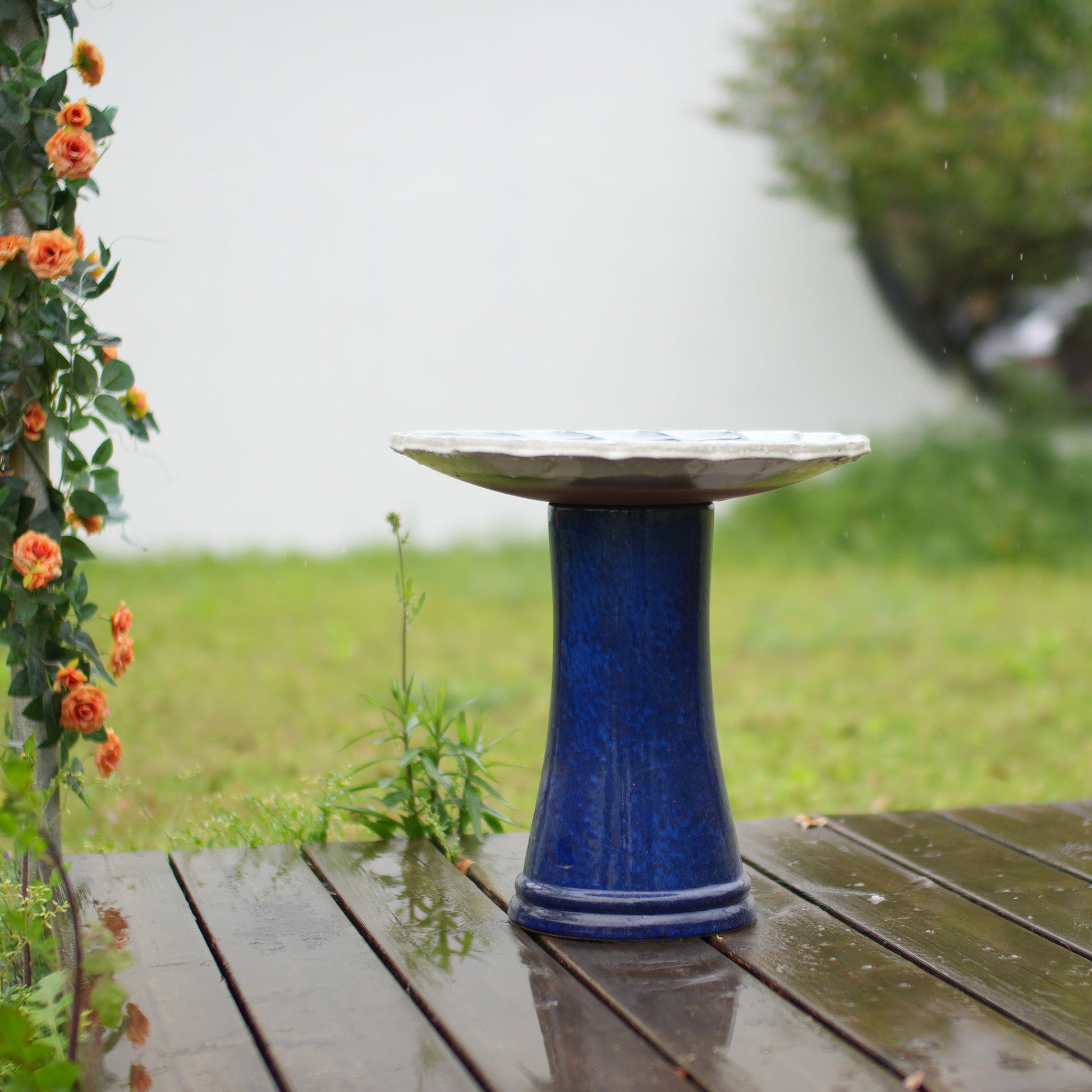 Handmade glazed ceramic bird bath on a blue pedestal in a garden with orange roses on Tampa Home & Garden Store