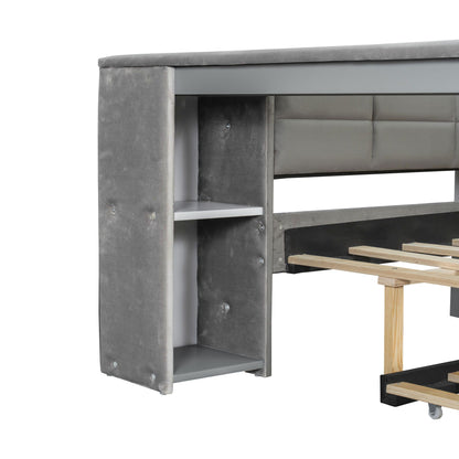 Gray upholstered platform bed with storage shelves and pull-out trundle plus desk area on Tampa Home & Garden Store