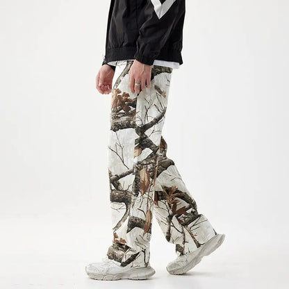 Printed camouflage wide-leg straight jeans in cream with tree branch forest print on Tampa Home & Garden Store