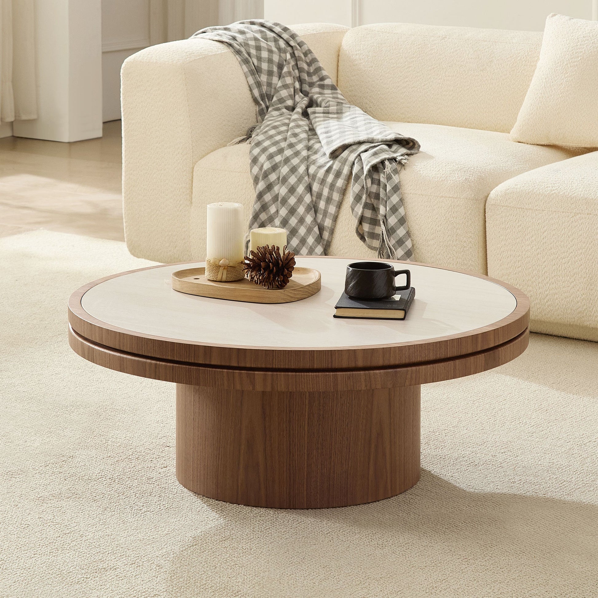 35.43 Inch round coffee table with sintered stone top and walnut base in a living room on Tampa Home & Garden Store