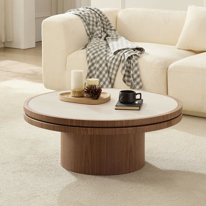 35.43 Inch round coffee table with sintered stone top and walnut base in a living room on Tampa Home & Garden Store