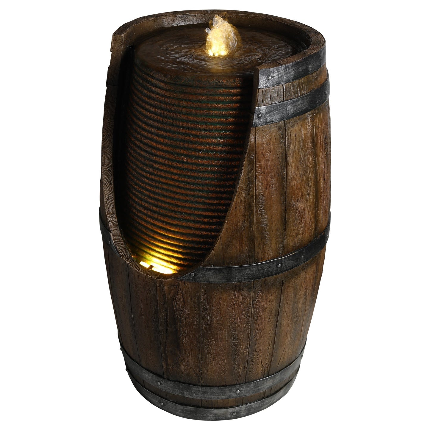 Outdoor barrel water fountain in rustic wood-look resin by HouseOfZazla with warm glow on Tampa Home & Garden Store
