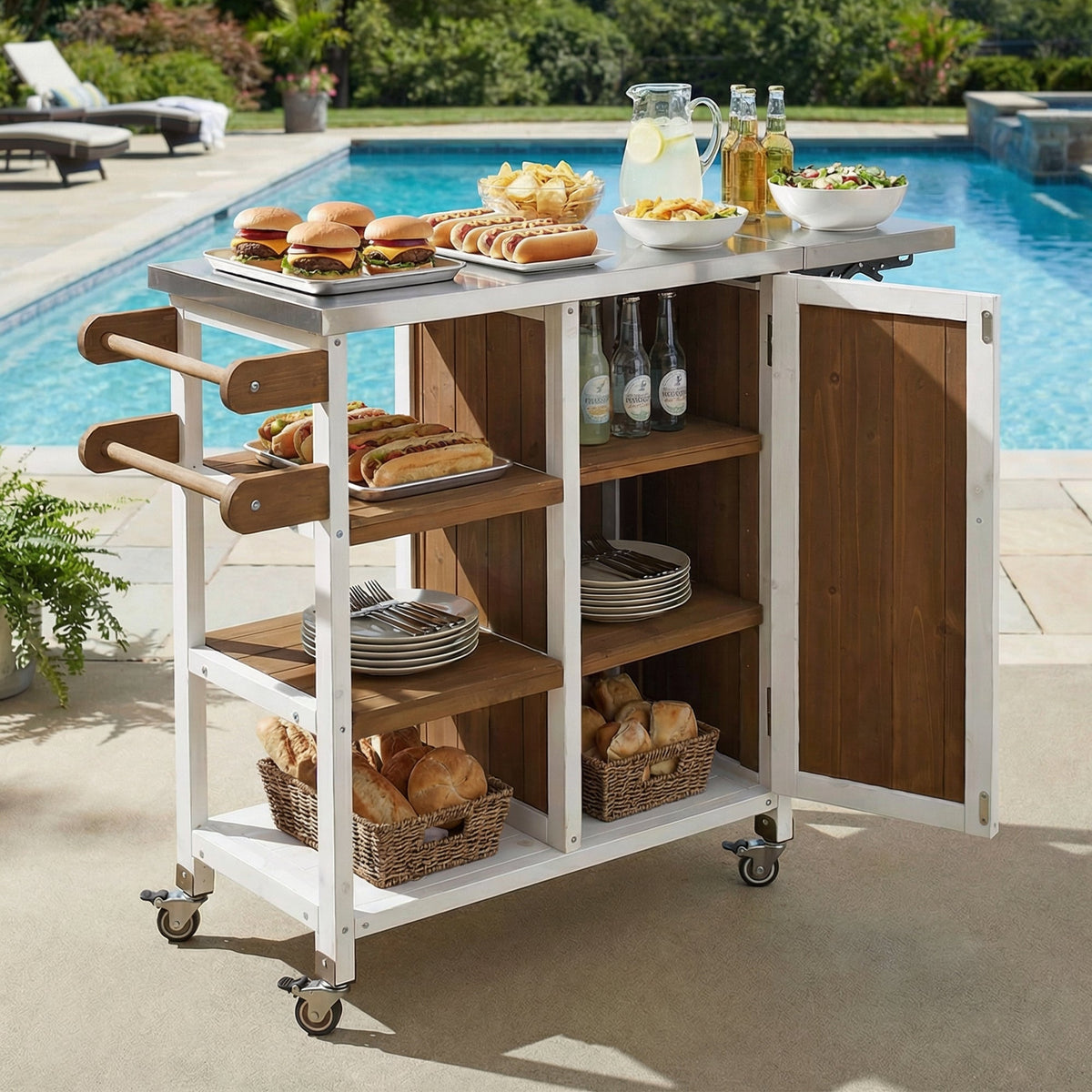 Foldable outdoor kitchen island with stainless top and wood panels, burgers and buns on wheels on Tampa Home & Garden Store