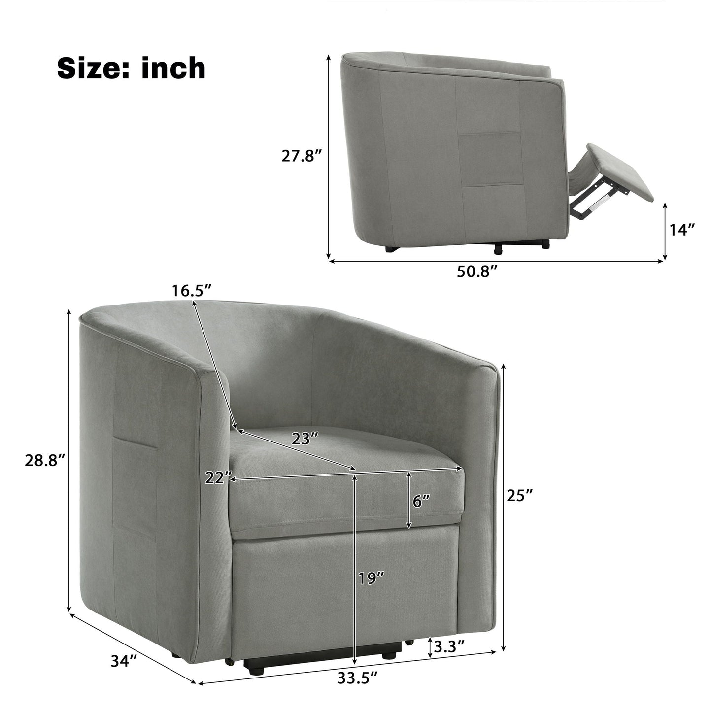 Power lift recliner barrel chair by HouseOfZazla in gray fabric with footrest and side pocket on Tampa Home & Garden Store