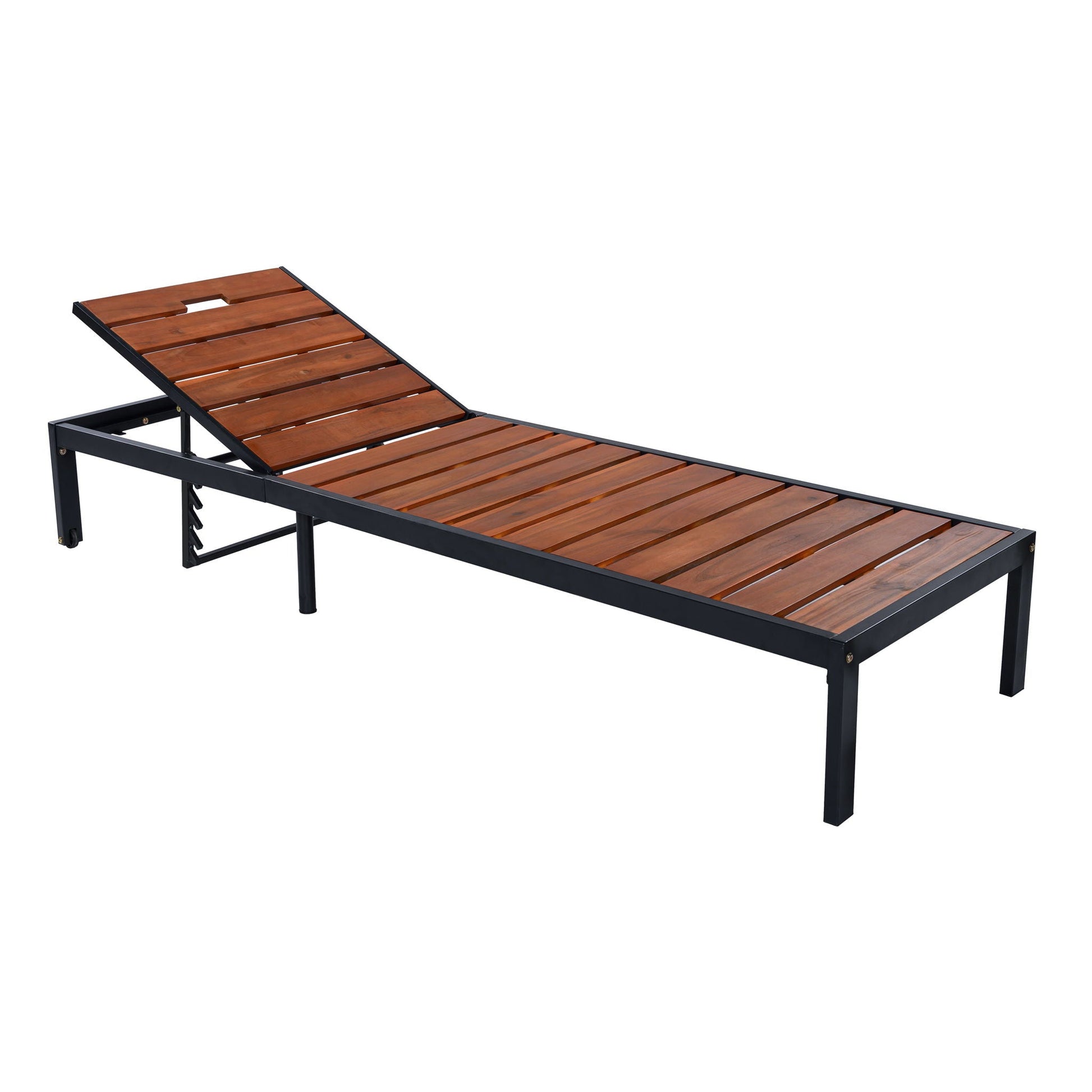 Outdoor Chaise With Adjustable Backrest by HouseOfZazla, teak wood slats on black metal frame on Tampa Home & Garden Store