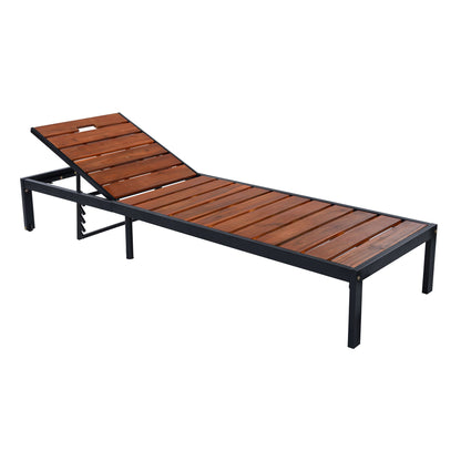 Outdoor Chaise With Adjustable Backrest by HouseOfZazla, teak wood slats on black metal frame on Tampa Home & Garden Store