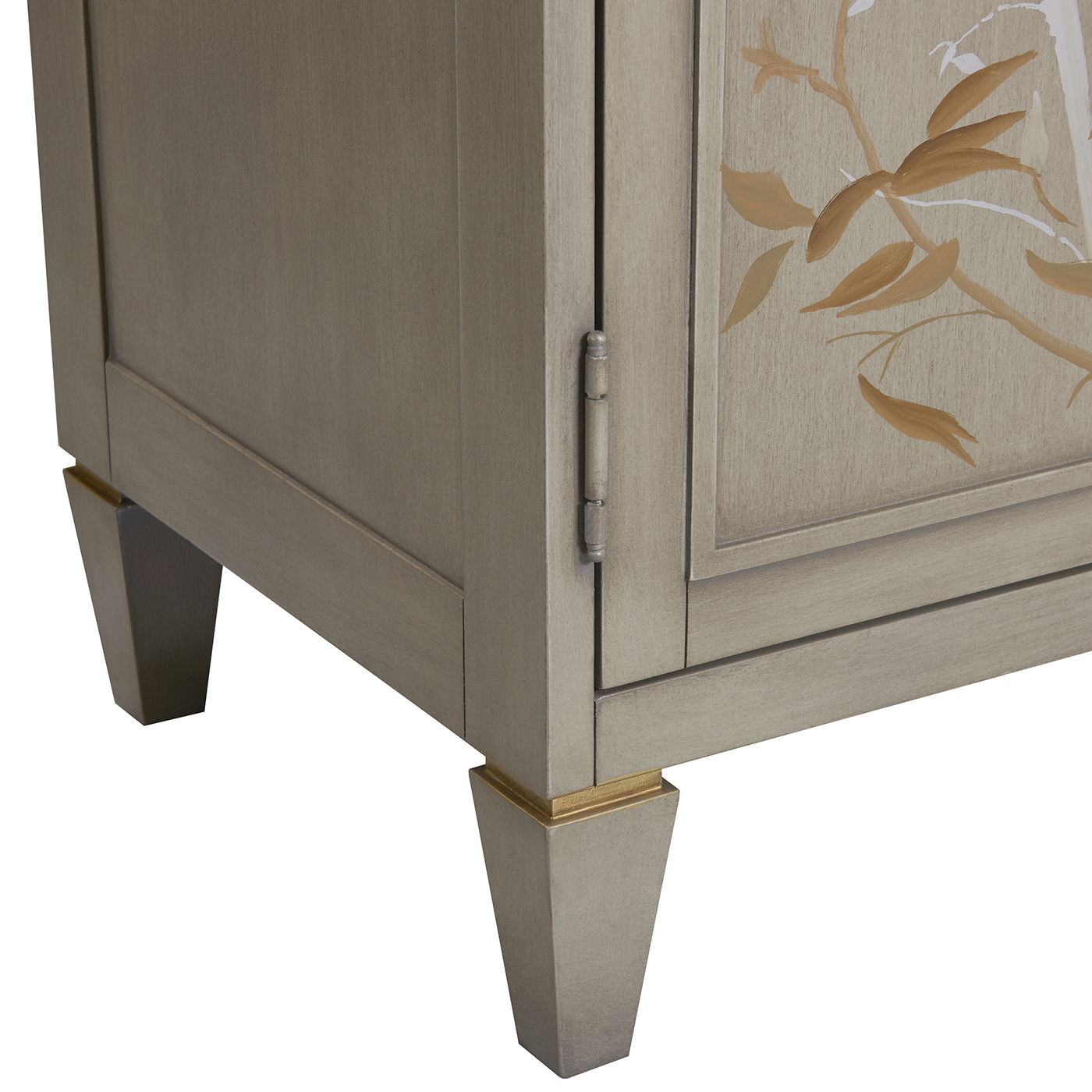 Dauphin handpainted entryway cabinet in gray cashmere with botanical panel and gold accents on Tampa Home & Garden Store