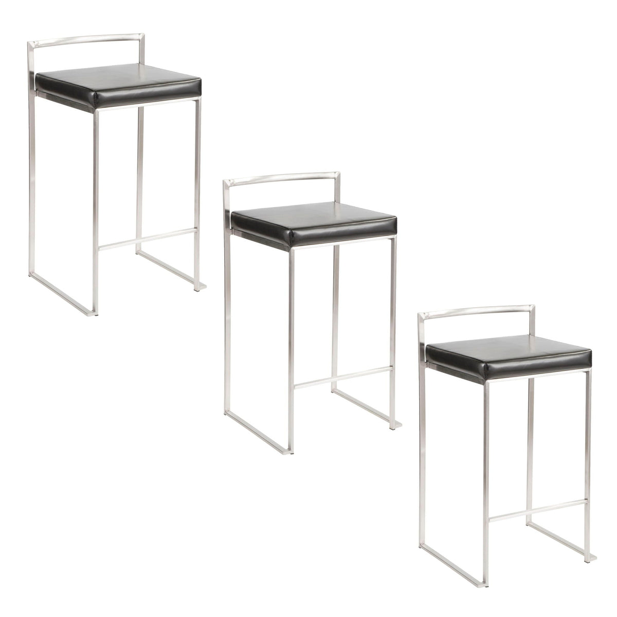 Set of 3 contemporary stackable counter stools with padded black seats chrome frame on Tampa Home & Garden Store