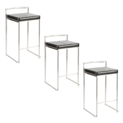 Set of 3 contemporary stackable counter stools with padded black seats chrome frame on Tampa Home & Garden Store