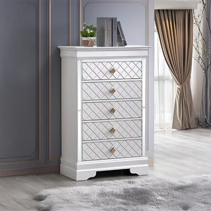 Embossed X Design Accent Chest by HouseOfZazla in white with crystal pulls and mirrored fronts on Tampa Home & Garden Store