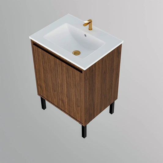 Bathroom vanity with ceramic sink, floor-standing wood cabinet, gold faucet, soft-closing drawers on Tampa Home & Garden Store
