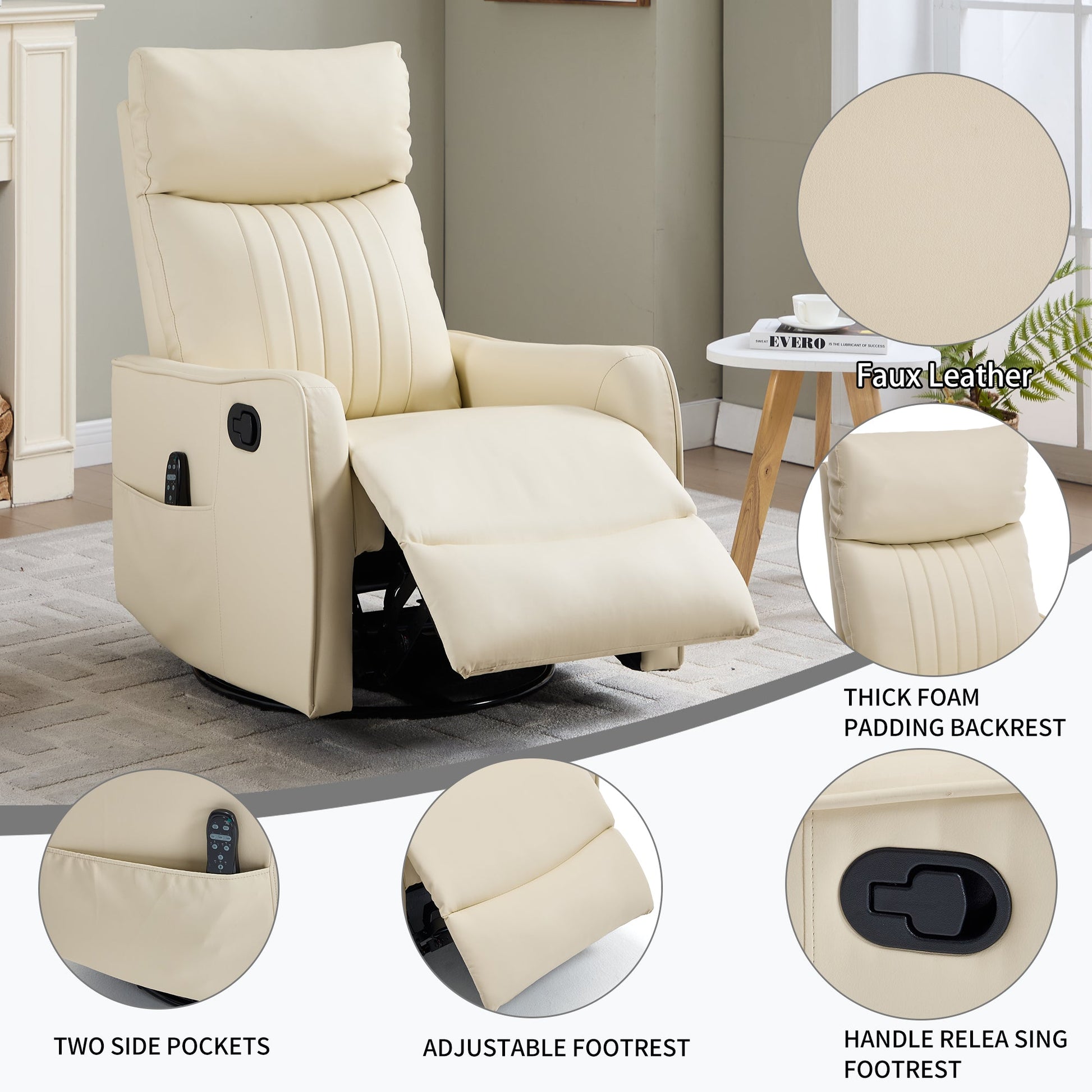 Beige heat massage manual recliner chair with rocker and swivel by HouseOfZazla, faux leather on Tampa Home & Garden Store