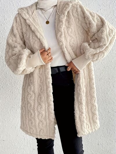 Beige fuzzy hooded long winter coat open front, teddy texture, cozy outerwear on Tampa Home & Garden Store