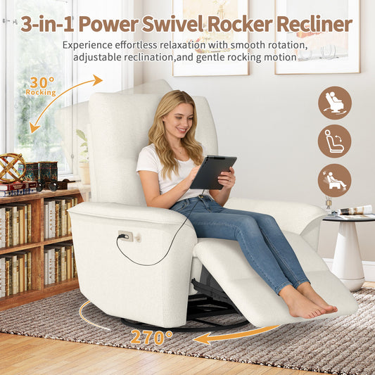 HouseOfZazla 270° Swivel Rocker Recliner with Phone Holder in beige fabric on Tampa Home & Garden Store