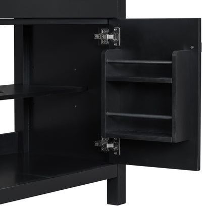 Modern black bathroom vanity with open interior, metal hinges, and soft close door on Tampa Home & Garden Store