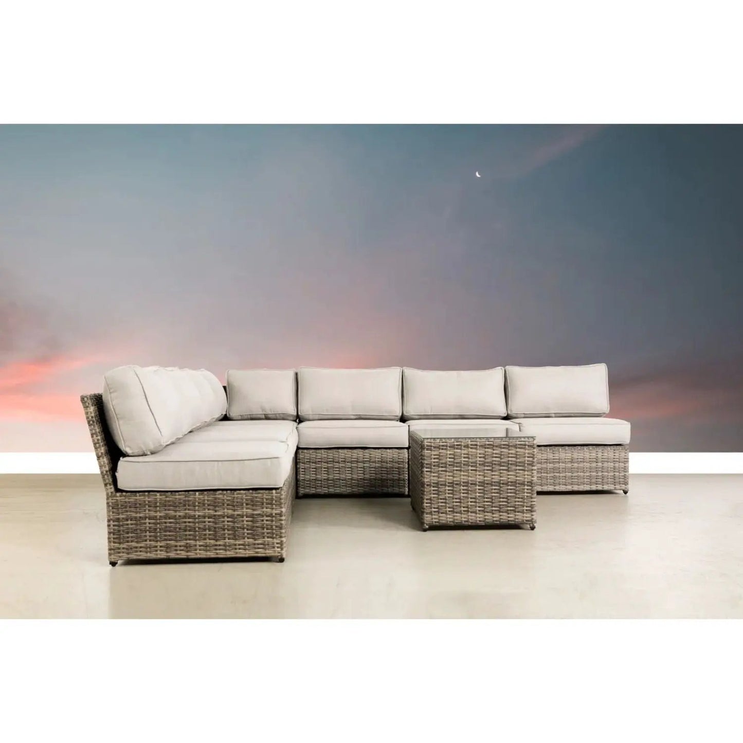 Comfortable patio rattan sectional with beige cushions and wicker table 2 piece outdoor set on Tampa Home & Garden Store