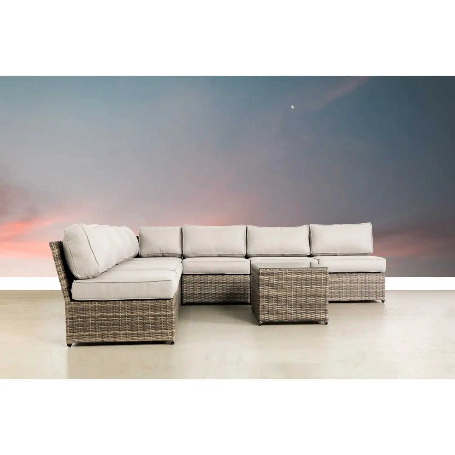 Comfortable patio rattan sectional with beige cushions and wicker table 2 piece outdoor set on Tampa Home & Garden Store