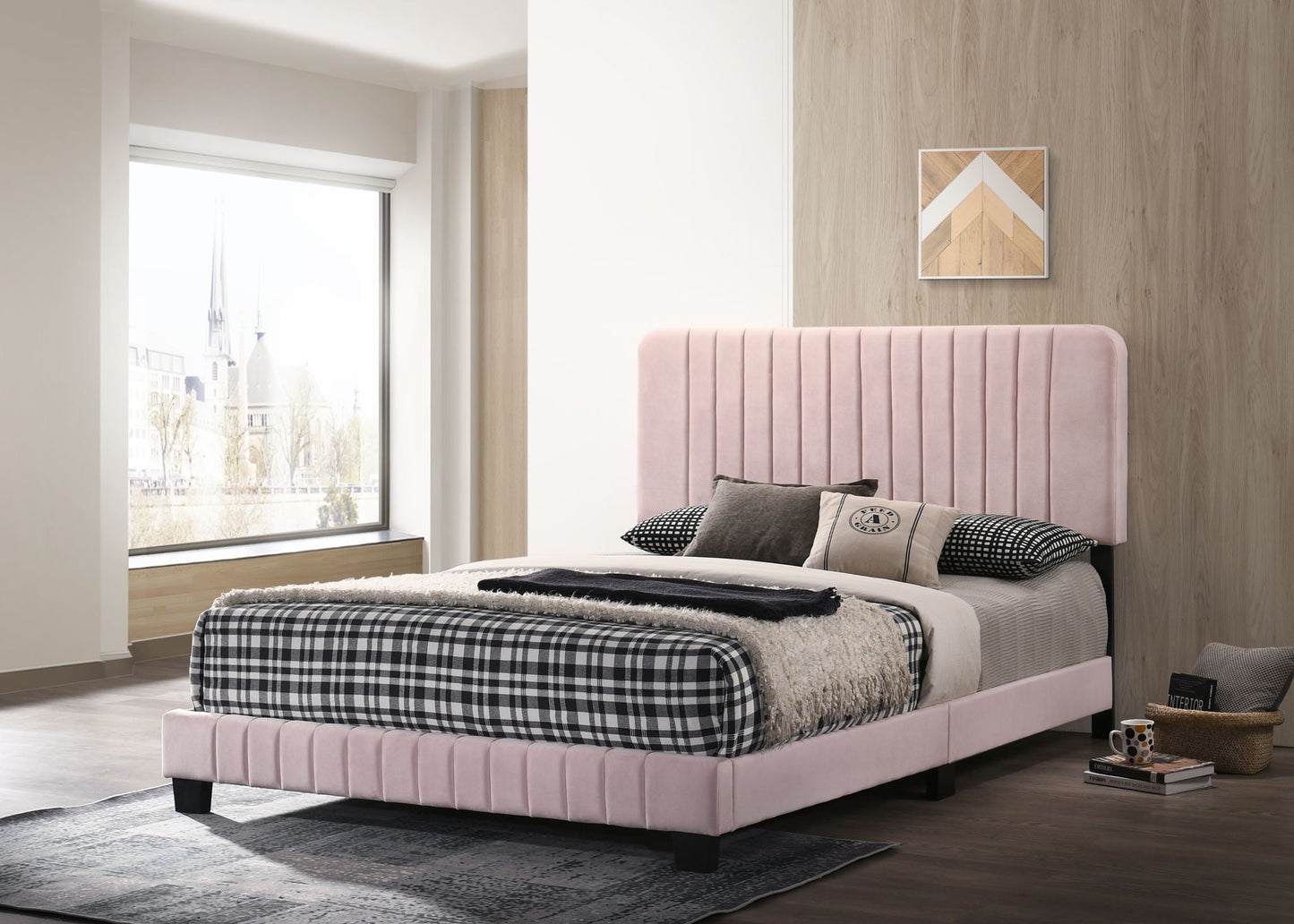 Channel Tufted Bed in pink velvet with channels; HouseOfZazla upholstered bed on black legs on Tampa Home & Garden Store