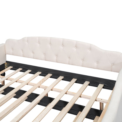 Upholstered tufted daybed in beige fabric with wooden slat base by HouseOfZazla on Tampa Home & Garden Store