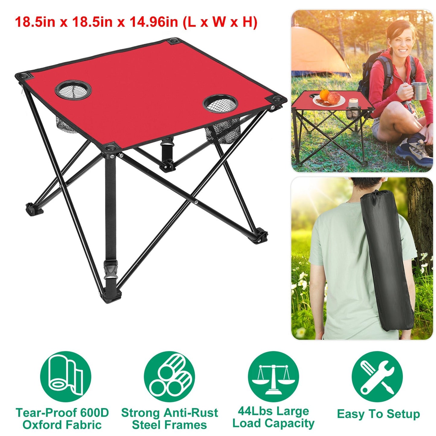 GemGear red foldable camping table with dual cup holders and carry bag on Tampa Home & Garden Store