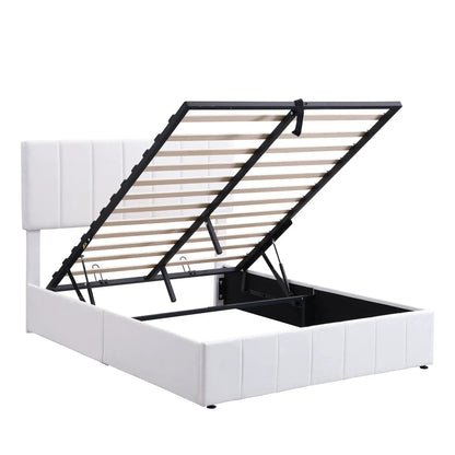 Elegant upholstered platform storage bed with hydraulic lift, white headboard, black steel frame on Tampa Home & Garden Store