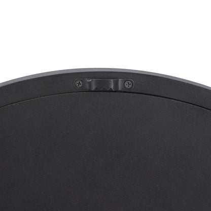 Circle wall mirror with wooden frame, black finish, back view with mounting bracket on Tampa Home & Garden Store