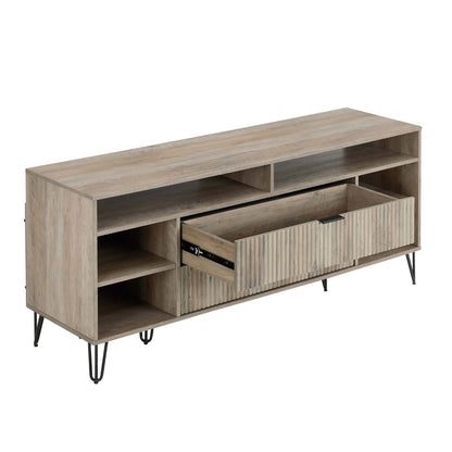 Fluted TV stand with storage in weathered oak, shelves and a fluted drawer, metal hairpin legs on Tampa Home & Garden Store