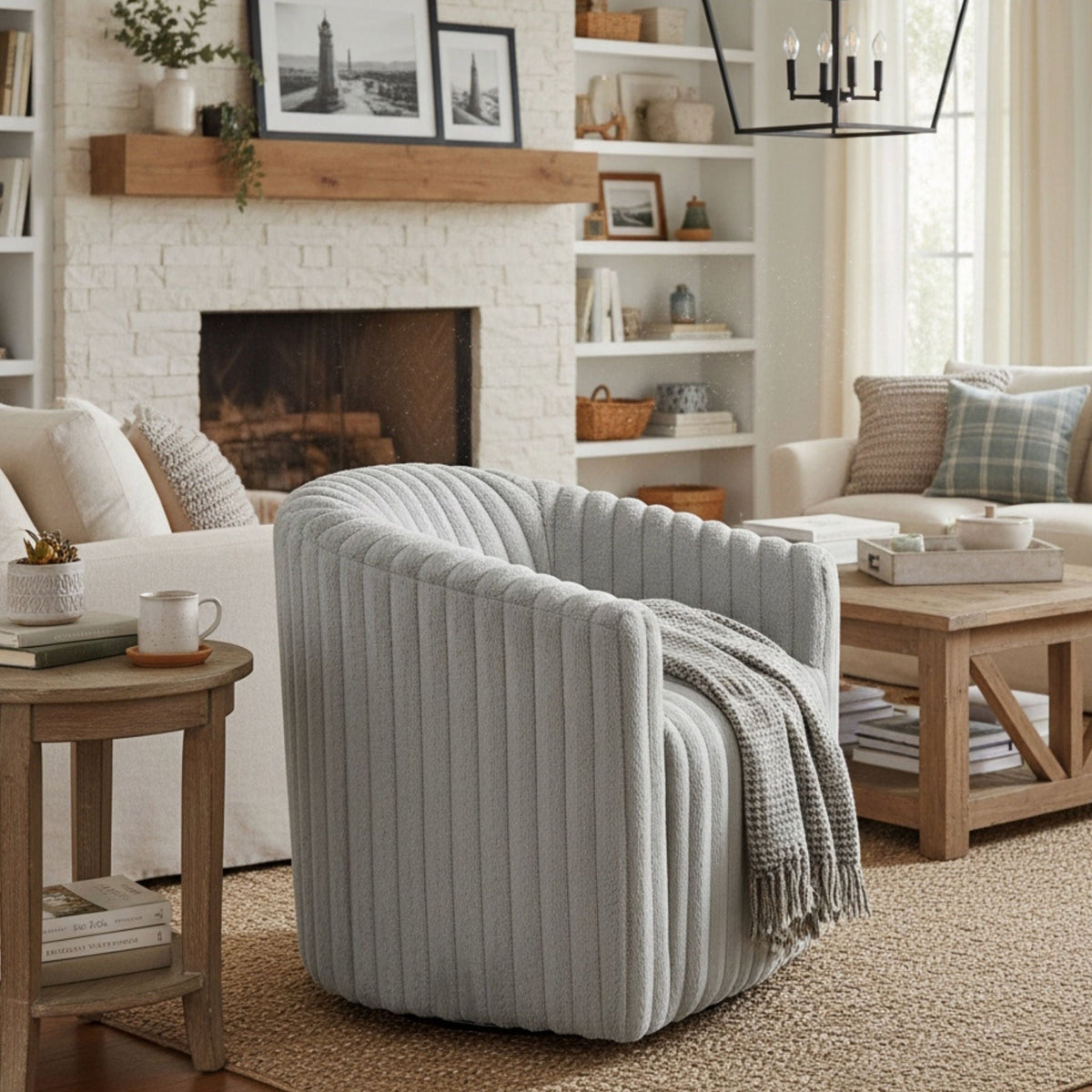 Gray Barrel Swivel Chair with Plush Cord Fabric, No Assembly, HouseOfZazla on Tampa Home & Garden Store