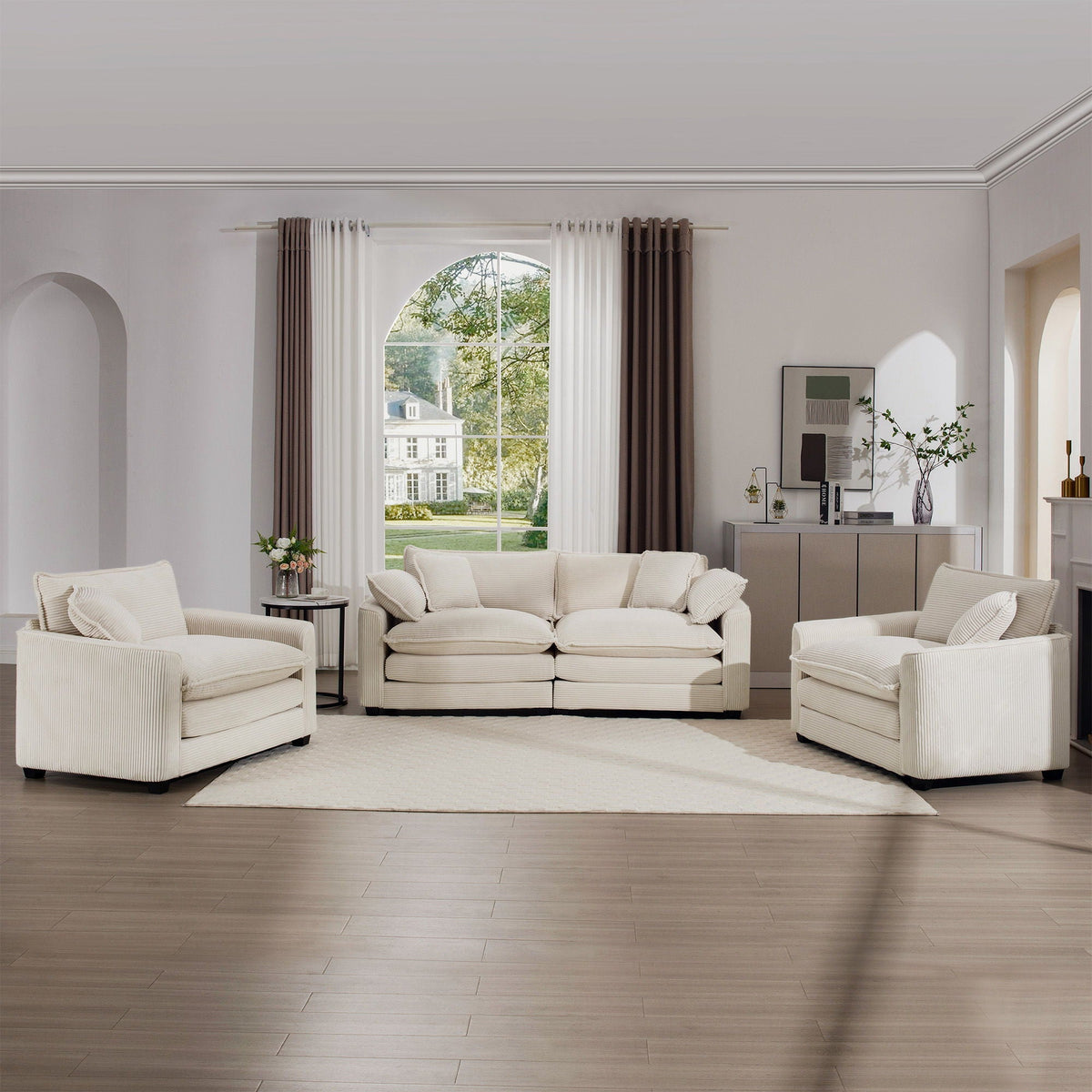 HouseOfZazla 3 Piece Living Room Set cream ribbed fabric with two armchairs and deep seats on Tampa Home & Garden Store