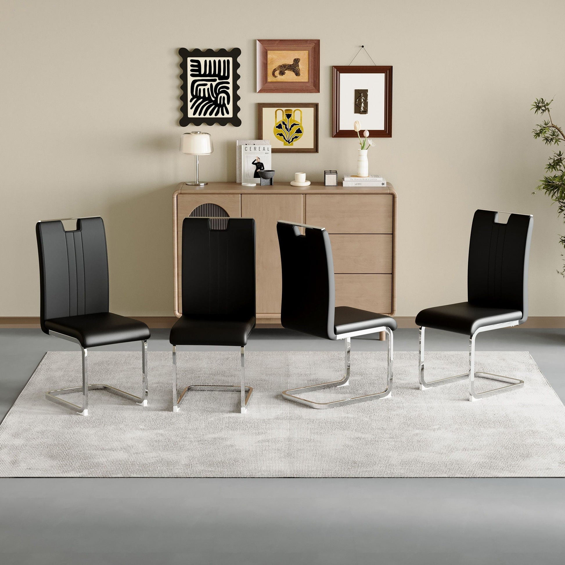 Bow shaped chairs set, 5 black leatherette chairs with chrome cantilever bases and non-slip feet on Tampa Home & Garden Store