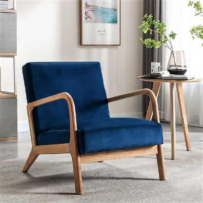 HouseOfZazla Classic mid-century open-framed armchair with blue velvet cushions and wood arms on Tampa Home & Garden Store