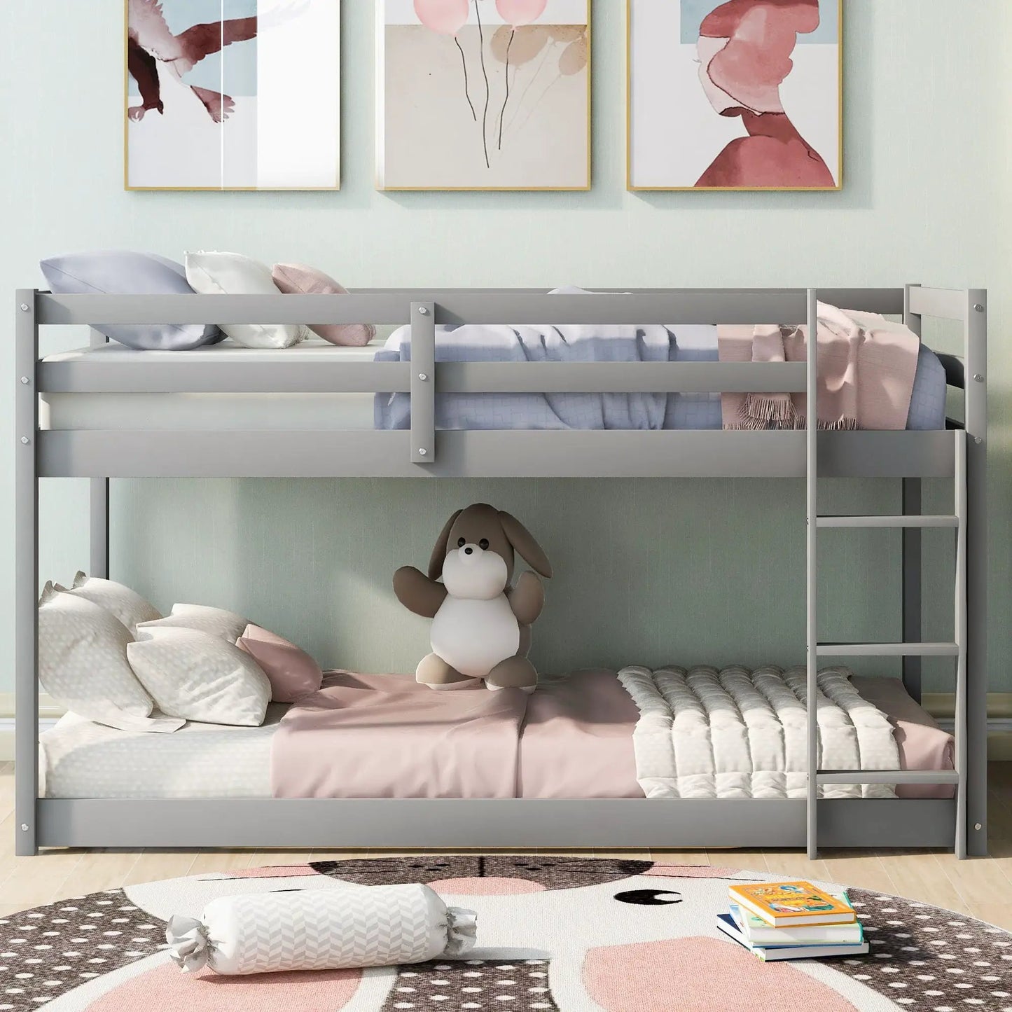 Durable Solid Wood Floor Bunk Bed With Ladder