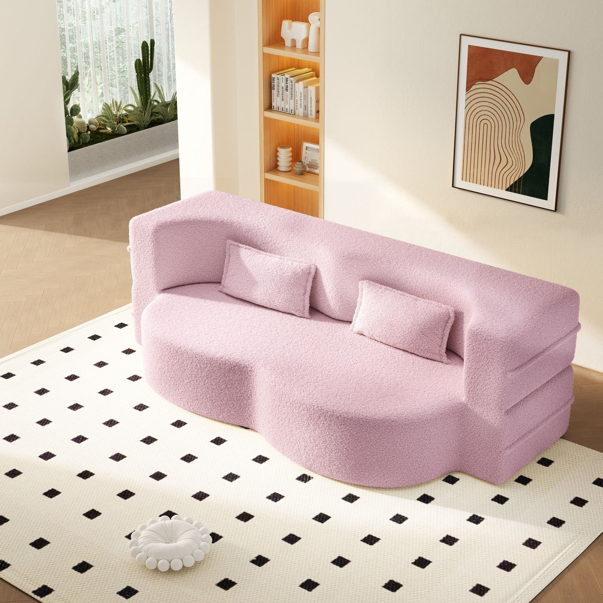 Modern Floor Sleeper Sofa Bed And Two Pillows