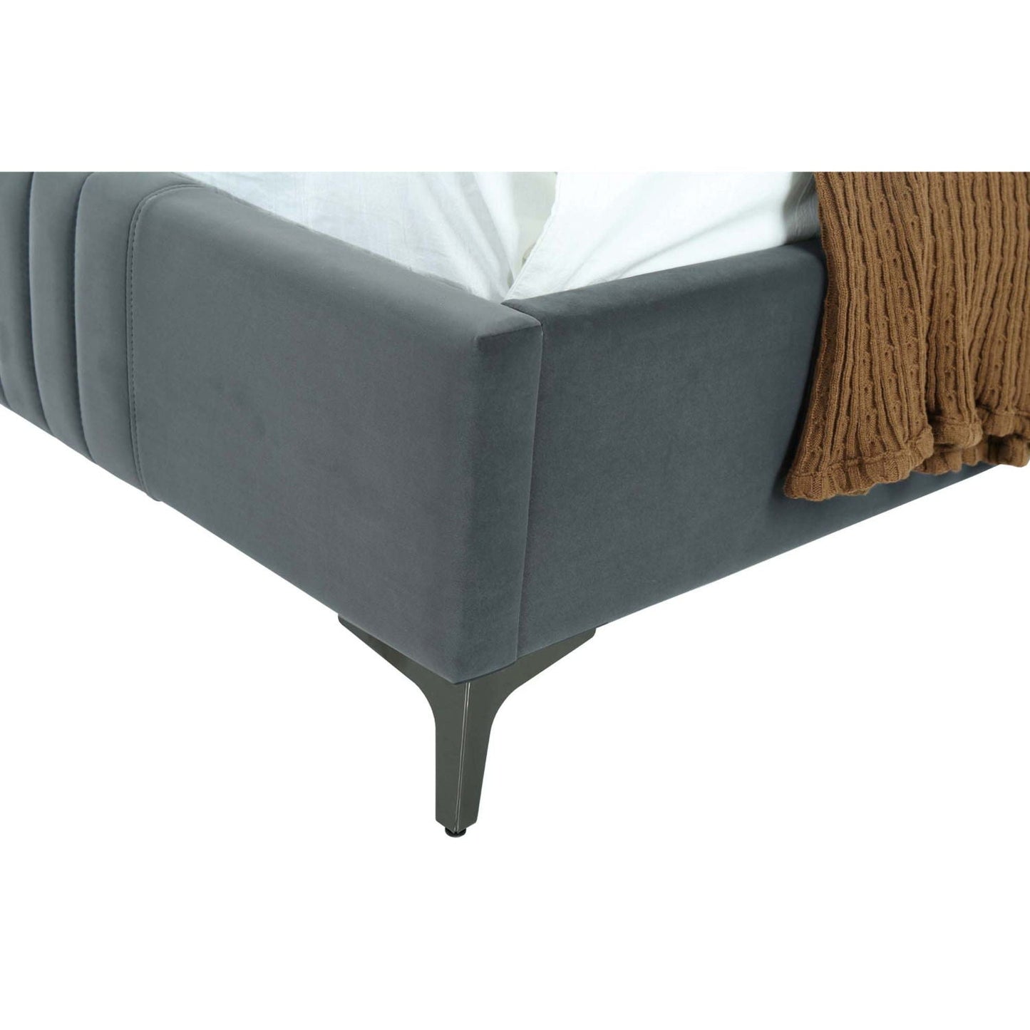Promenade upholstered bed with blue-gray fabric and slender metal legs on Tampa Home & Garden Store