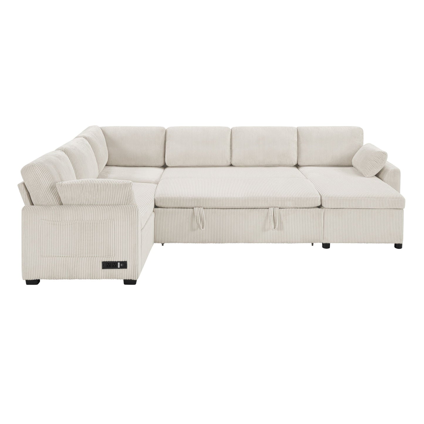 Convertible U-Shaped Sectional Sofa Bed with Reversible Chaise in beige corduroy on Tampa Home & Garden Store