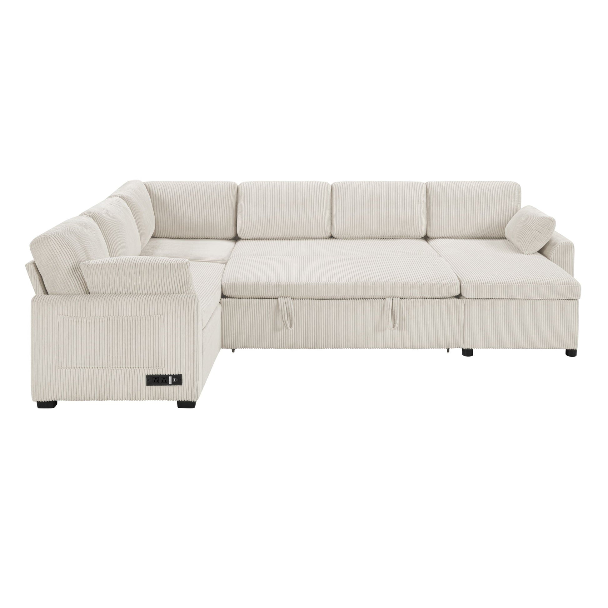 Convertible U-Shaped Sectional Sofa Bed with Reversible Chaise in beige corduroy on Tampa Home & Garden Store