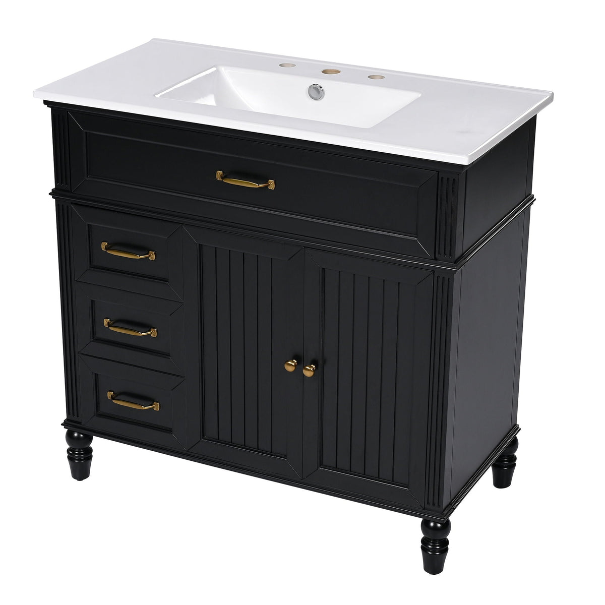 Bathroom vanity with sink and drawers, solid wood black cabinet with brass handles on Tampa Home & Garden Store