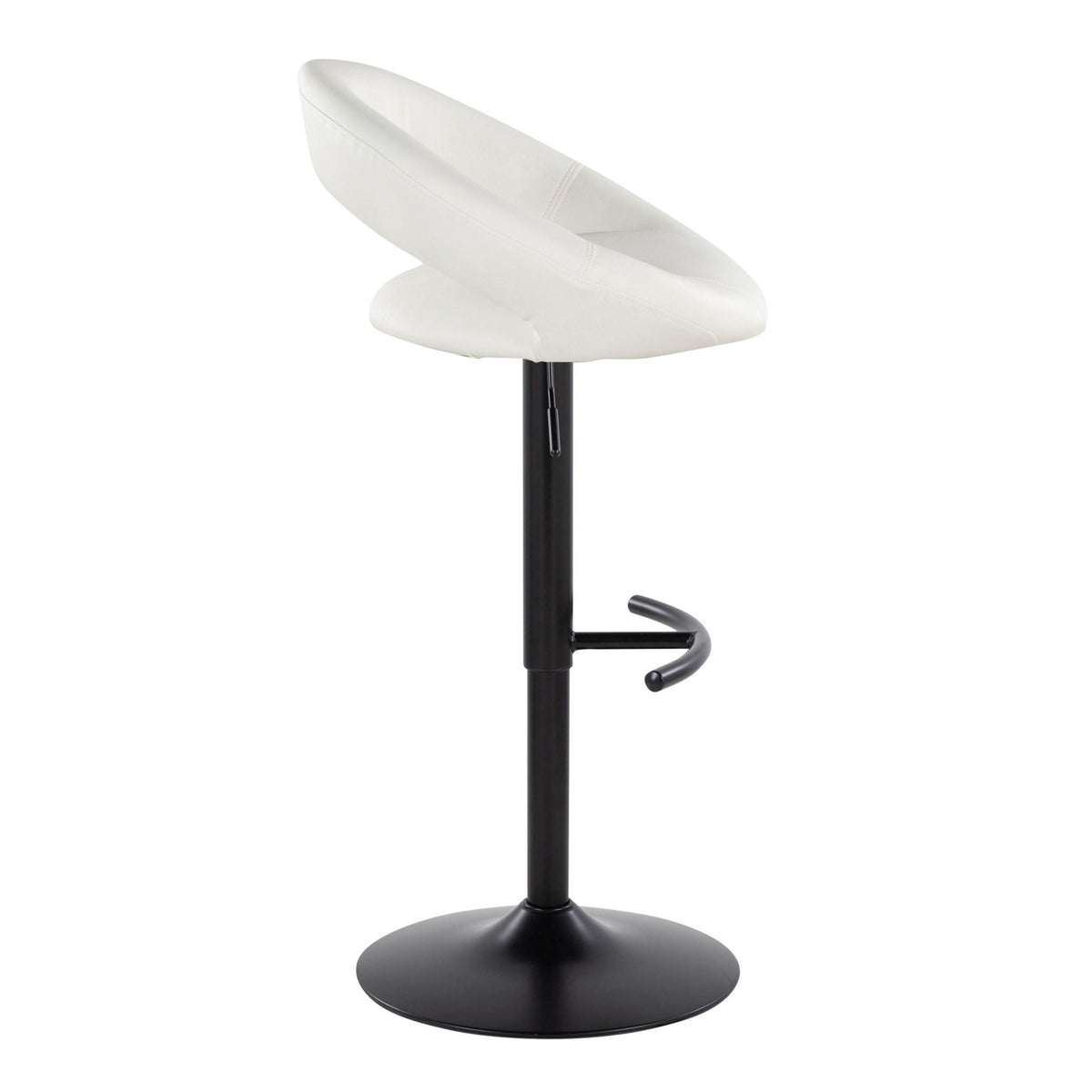 White contoured swivel barstool with black pedestal base and rounded T-footrest on Tampa Home & Garden Store