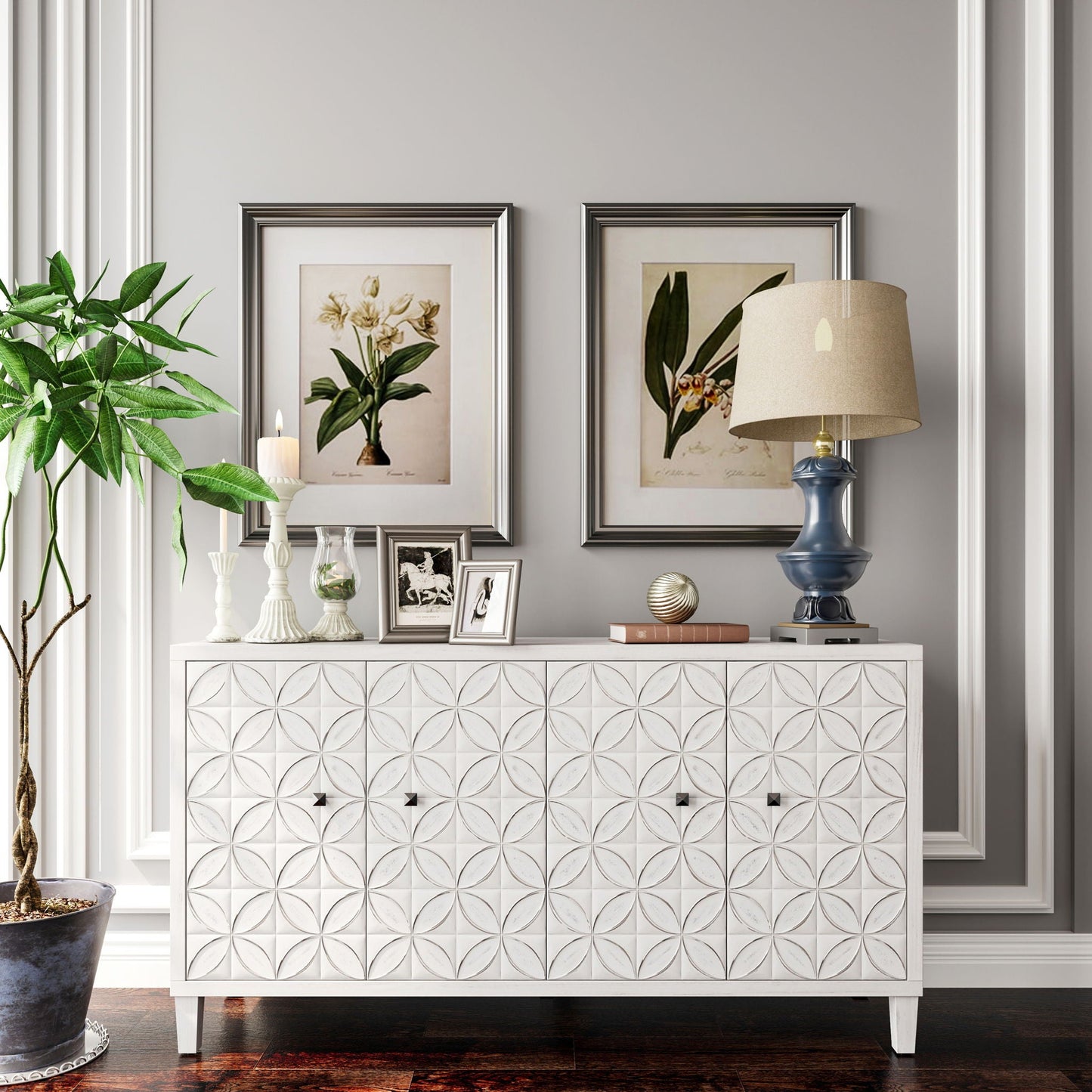 White Wash 4 Door Wooden Accent Cabinet for Home