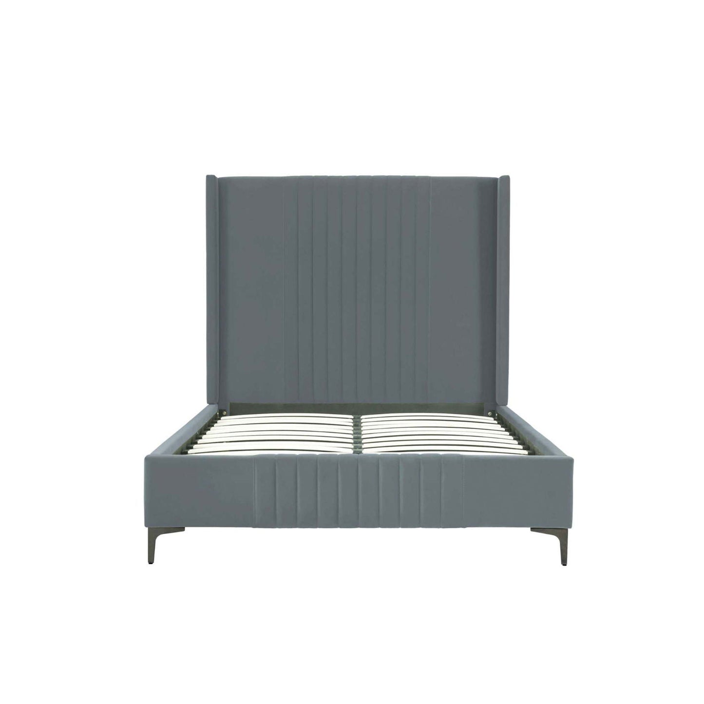 Promenade upholstered bed in gray fabric with vertical channel headboard and slats on Tampa Home & Garden Store