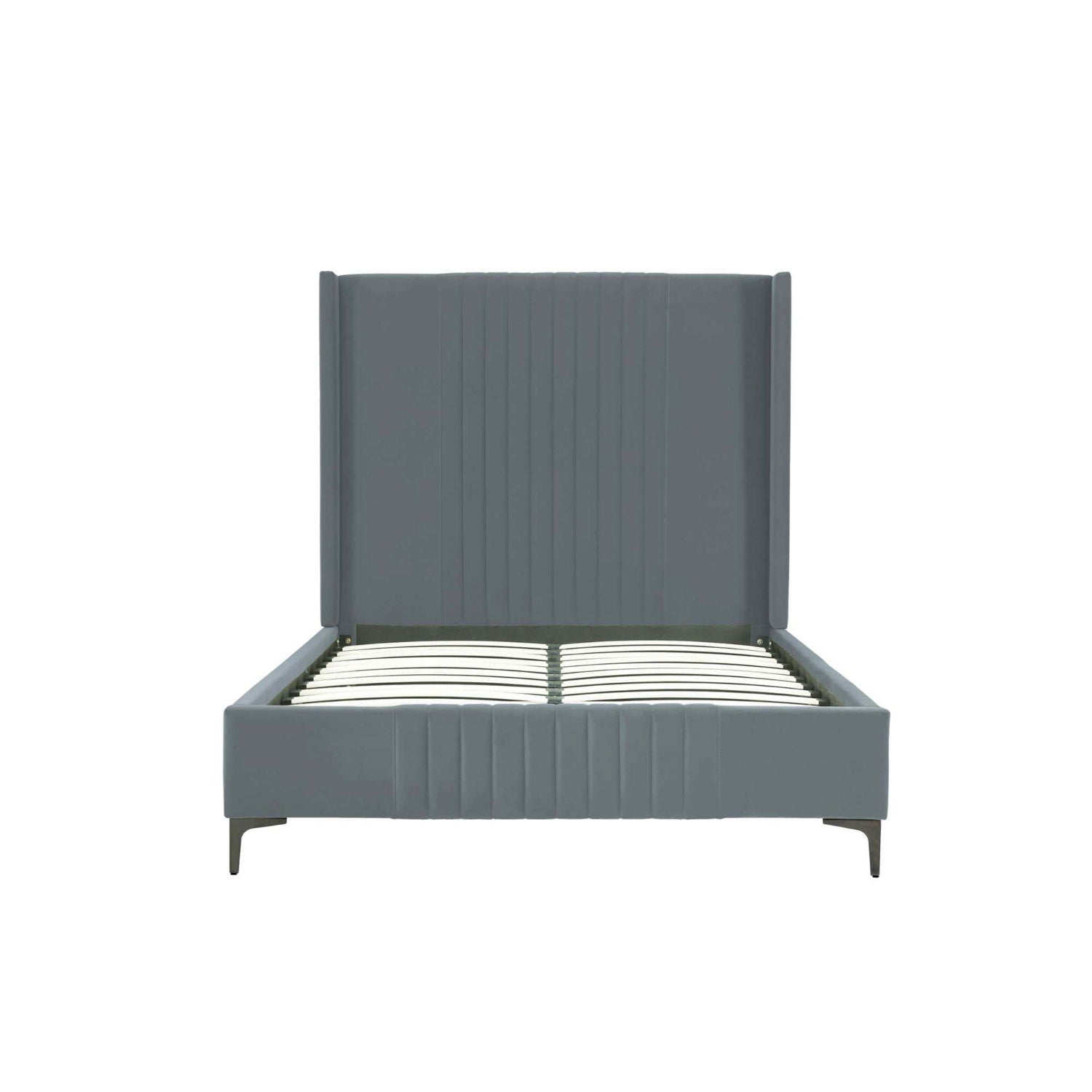 Promenade upholstered bed in gray fabric with vertical channel headboard and slats on Tampa Home & Garden Store