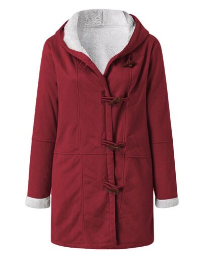Full Size Pocketed Long Sleeve Hooded Toggle Jacket red Stevvex jacket with sherpa lining on Tampa Home & Garden Store