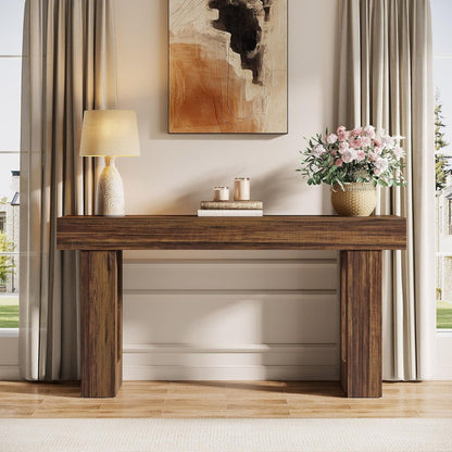 Extra Long Narrow Console Table with Open Storage Shelf in dark brown wood on Tampa Home & Garden Store